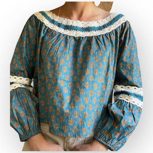 NWT Luna Moon Floral Peasant Blouse – Size Large – Teal Blue Orange Crochet - Picture 1 of 10